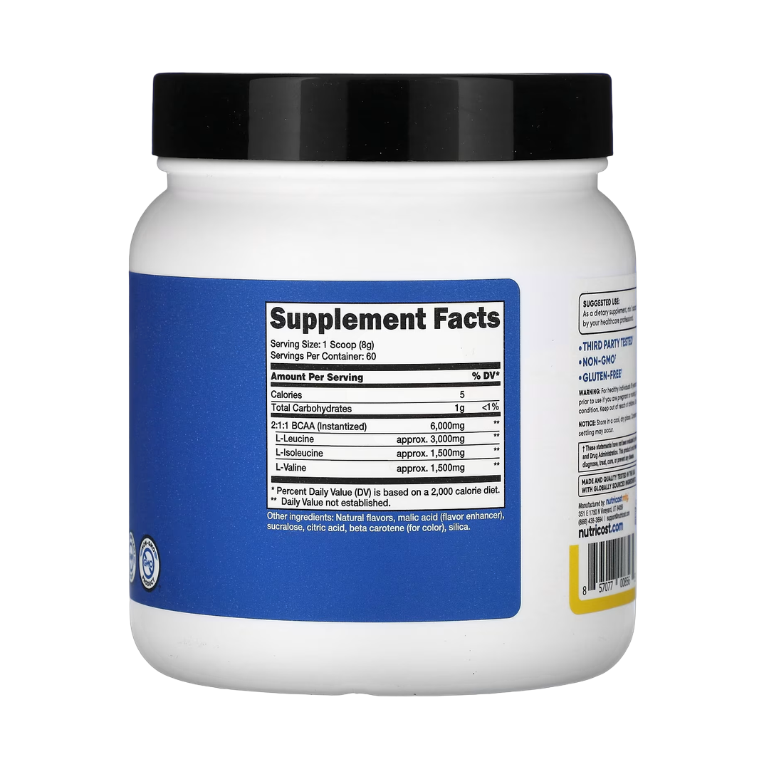 Nutricost, Performance, BCAA, Pineapple, 1.1 lb, 492 g back packaging view