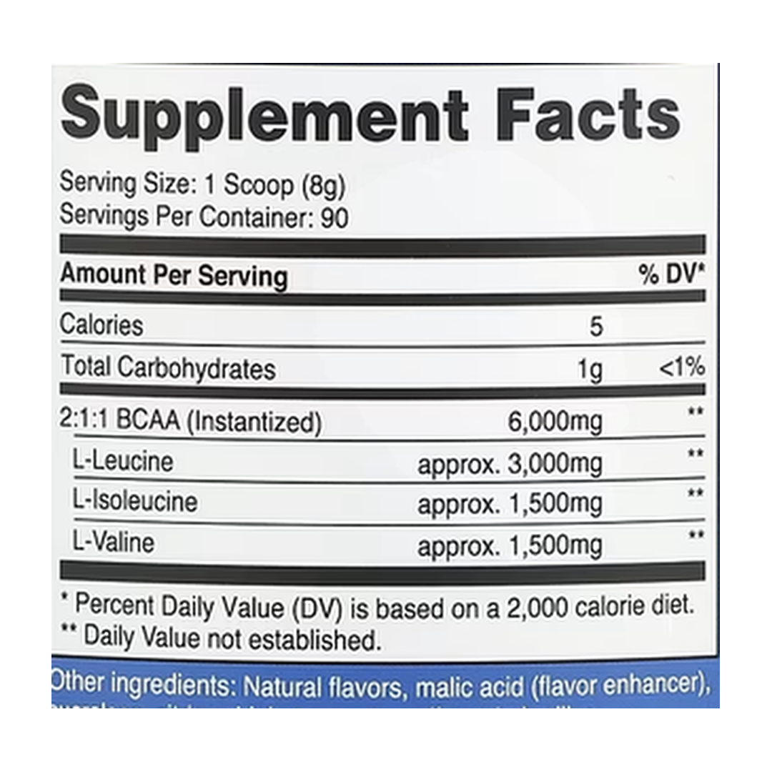 Nutricost, Performance, BCAA, Pineapple, 1.6 lb, 738 g supplement facts label showing ingredients, vitamins, minerals, and serving information