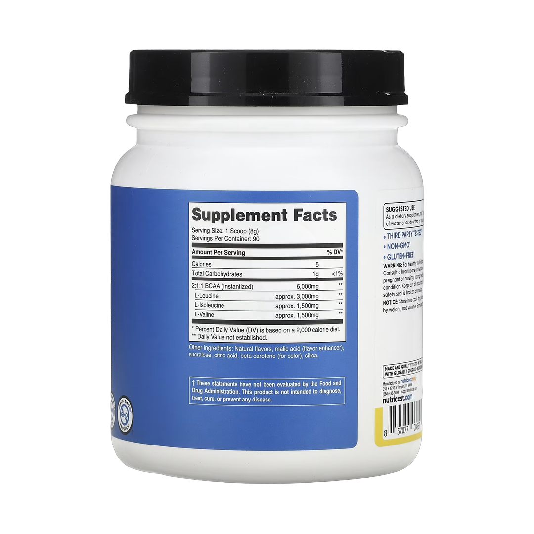 Nutricost, Performance, BCAA, Pineapple, 1.6 lb, 738 g back packaging view