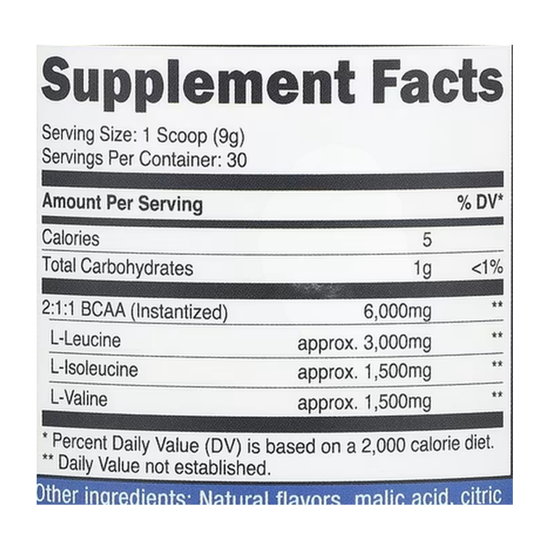 Nutricost, Performance, BCAA, Strawberry Kiwi, 9.6 oz, 270 g supplement facts label showing ingredients, vitamins, minerals, and serving information