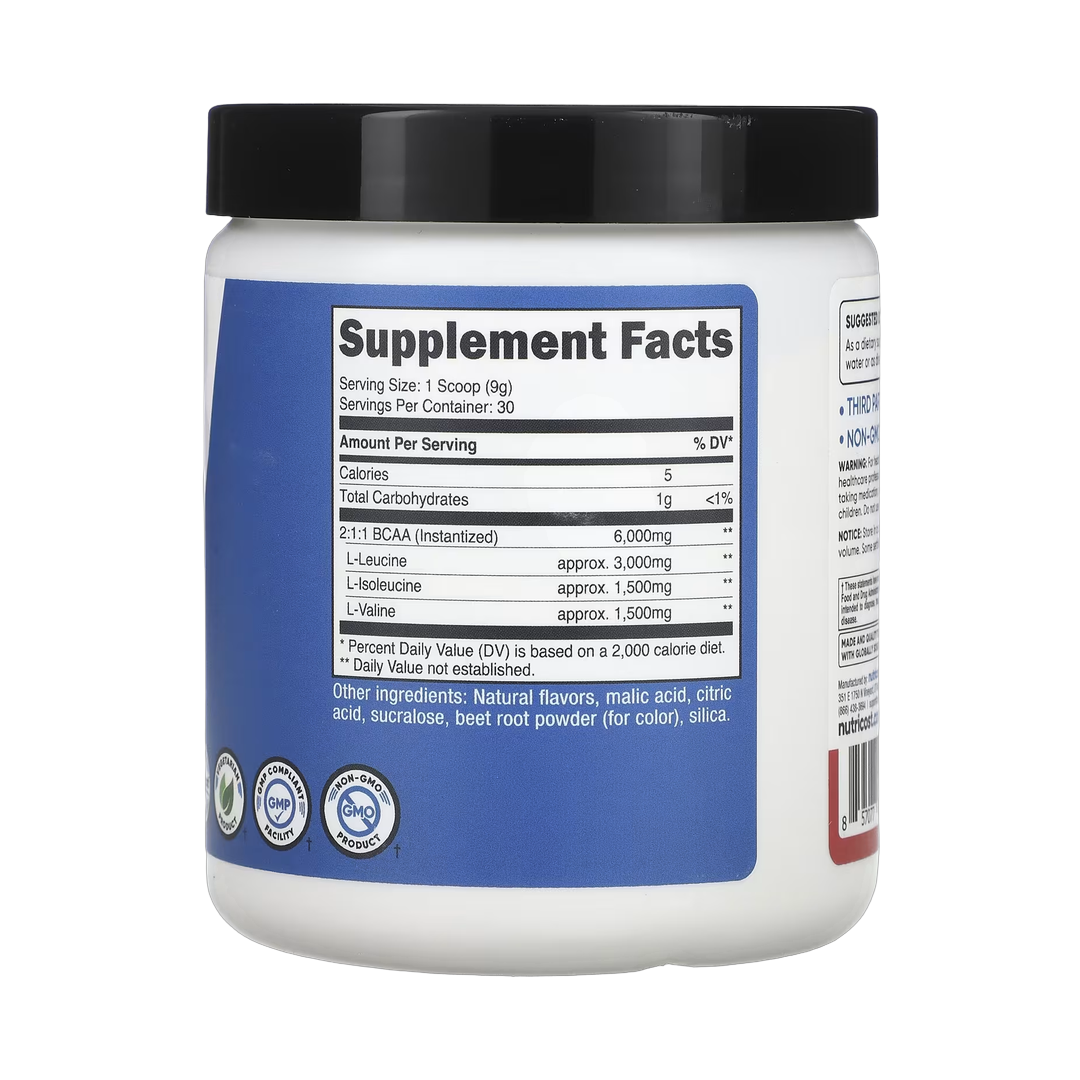 Nutricost, Performance, BCAA, Strawberry Kiwi, 9.6 oz, 270 g back packaging view