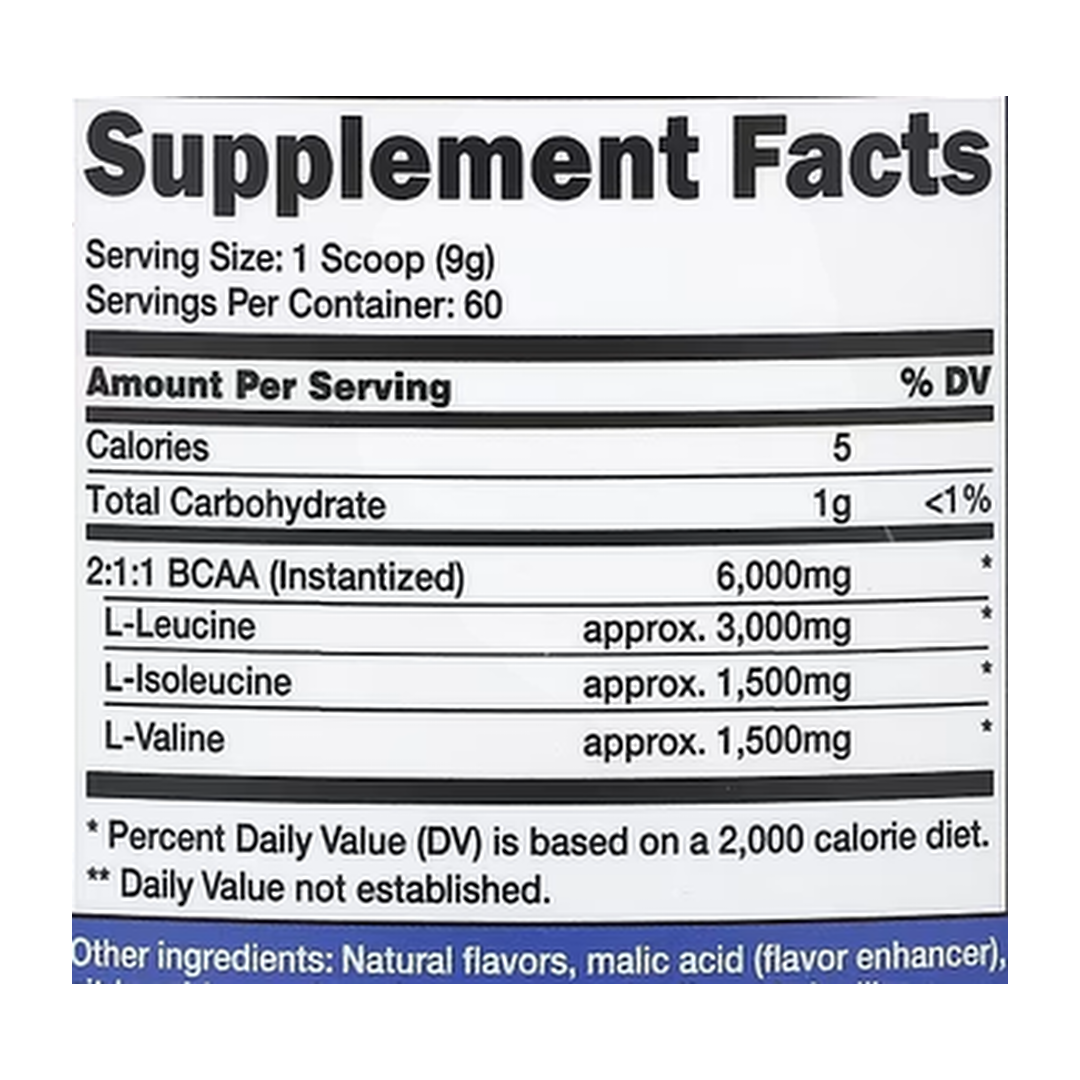 Nutricost, Performance, BCAA, Strawberry Kiwi, 1.2 lb, 540 g supplement facts label showing ingredients, vitamins, minerals, and serving information