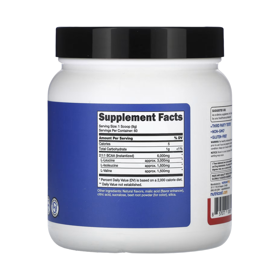 Nutricost, Performance, BCAA, Strawberry Kiwi, 1.2 lb, 540 g back packaging view