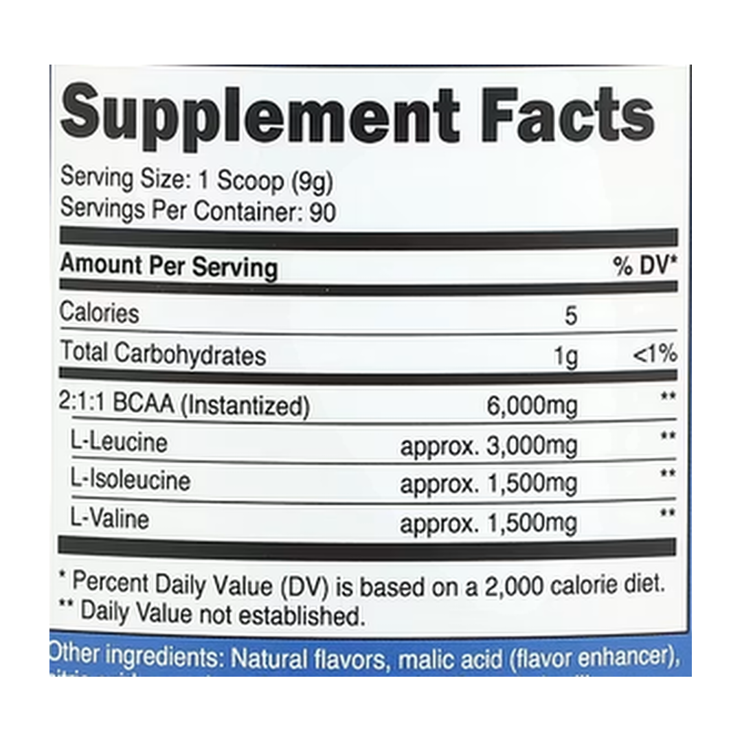 Nutricost, Performance, BCAA, Strawberry Kiwi, 1.8 lb, 810 g supplement facts label showing ingredients, vitamins, minerals, and serving information