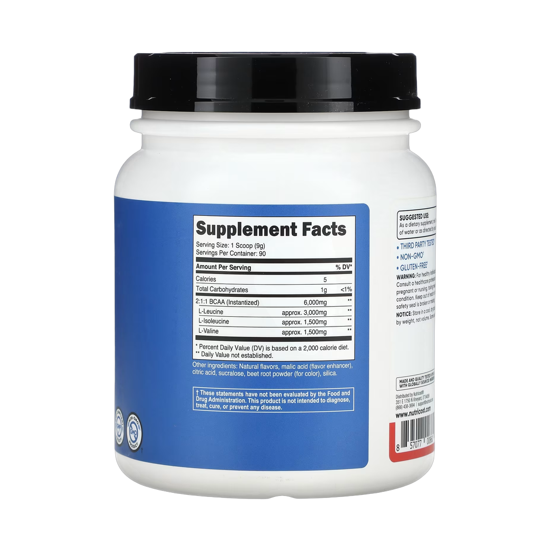 Nutricost, Performance, BCAA, Strawberry Kiwi, 1.8 lb, 810 g back packaging view