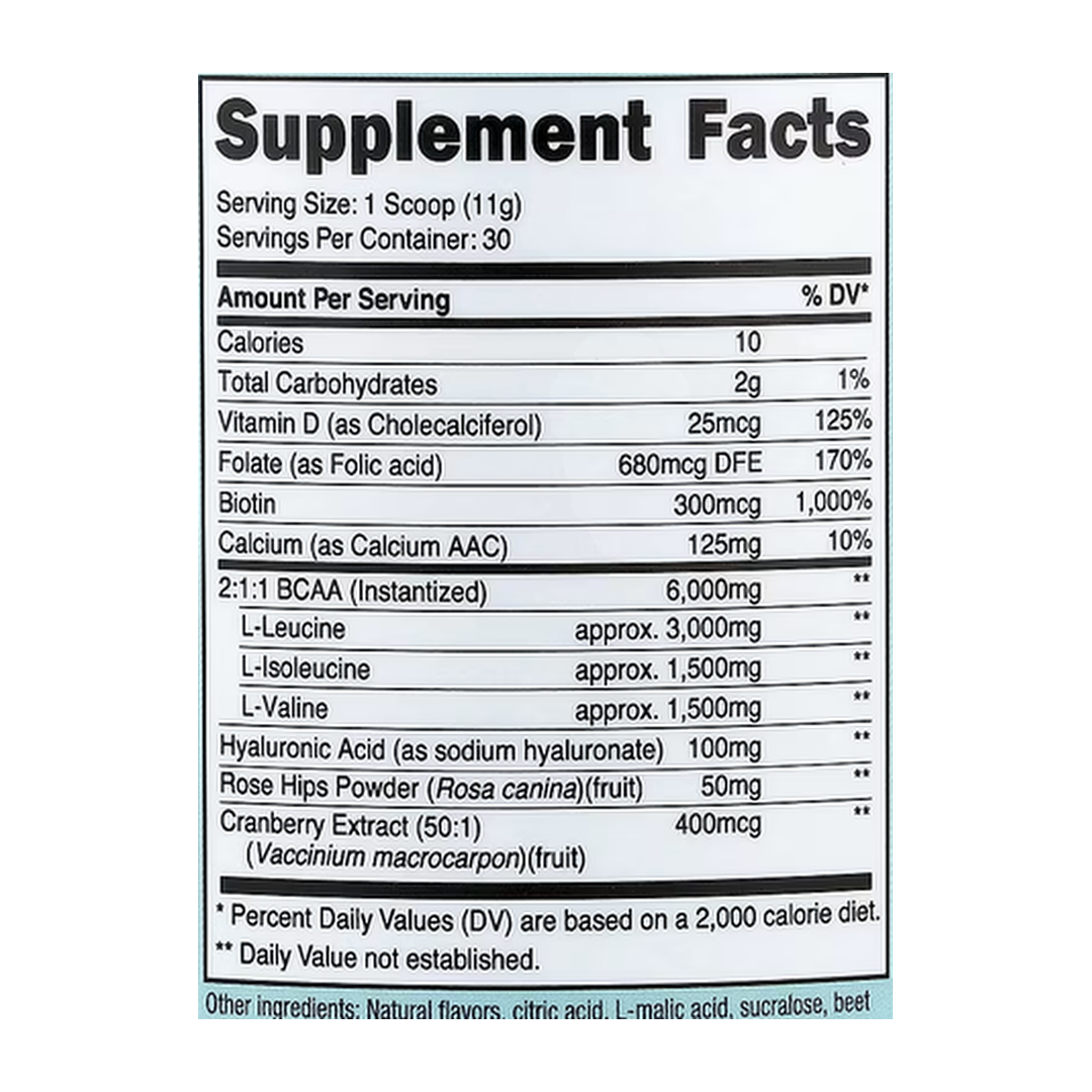 Nutricost, Women, BCAA, Strawberry Lemonade, 12.2 oz, 342 g supplement facts label showing ingredients, vitamins, minerals, and serving information