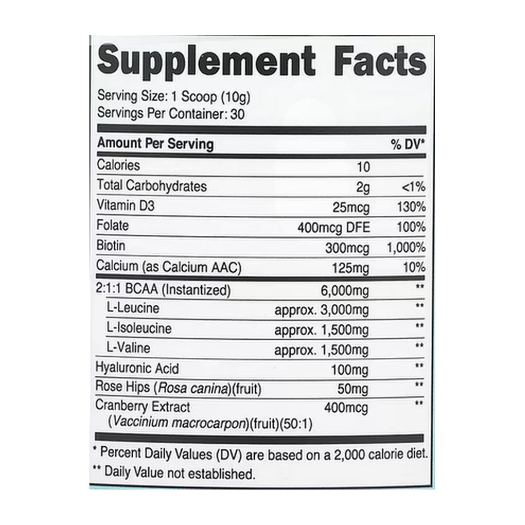 Nutricost, Women, BCAA With Hyaluronic Acid, Folate, Biotin, & Calcium, Watermelon, 10.2 oz, 288 g supplement facts label showing ingredients, vitamins, minerals, and serving information
