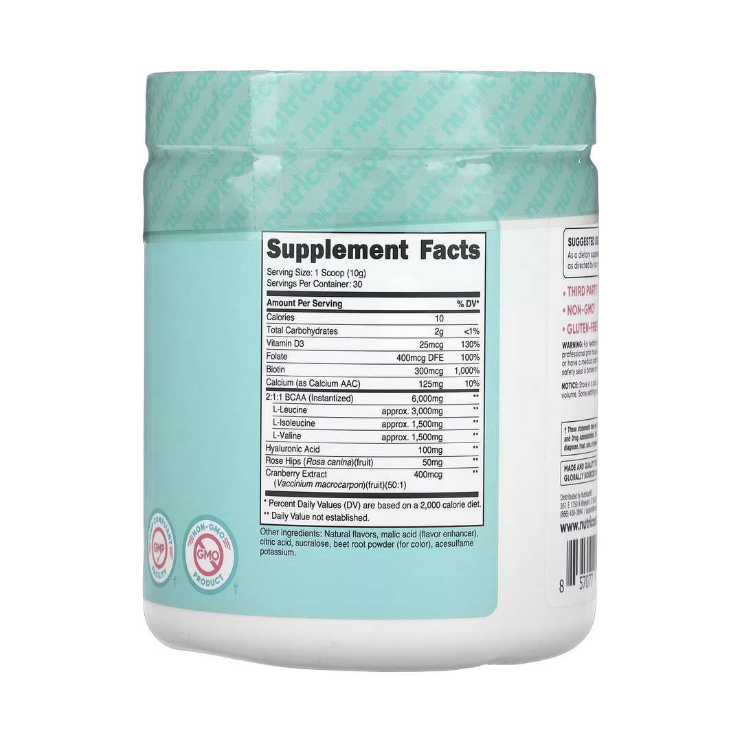 Nutricost, Women, BCAA With Hyaluronic Acid, Folate, Biotin, & Calcium, Watermelon, 10.2 oz, 288 g back packaging view