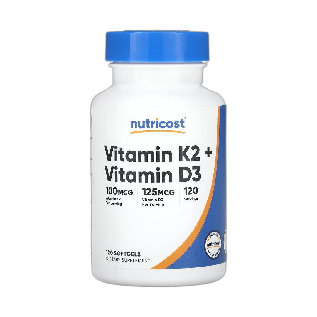 Nutricost, Vitamin K2 + Vitamin D3, 120 Softgels front packaging view