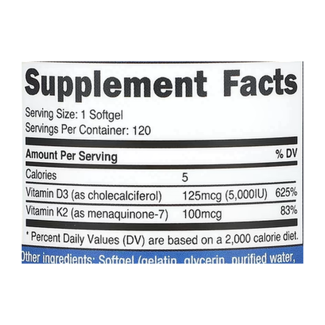 Nutricost, Vitamin K2 + Vitamin D3, 120 Softgels supplement facts label showing ingredients, vitamins, minerals, and serving information