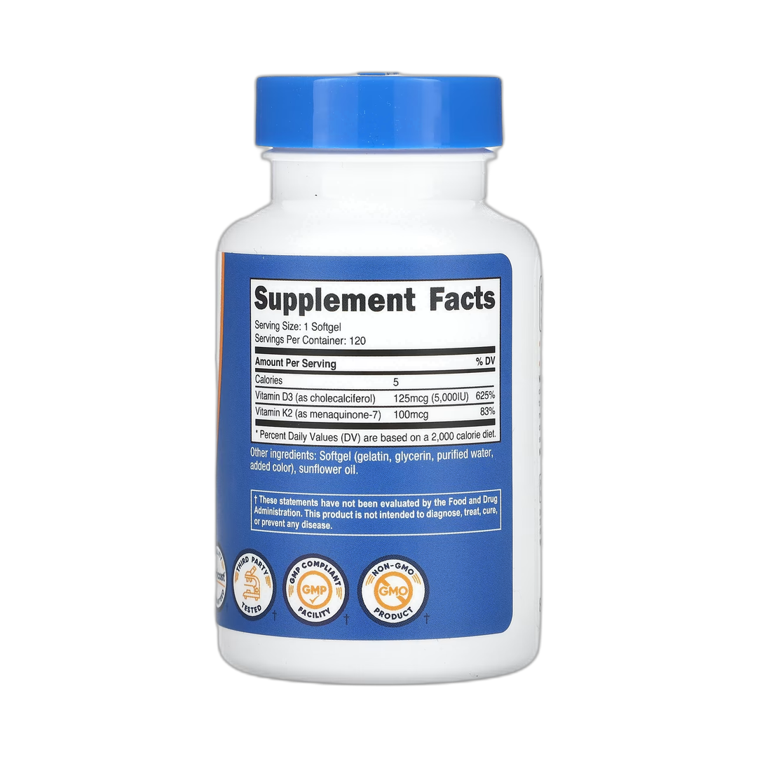 Nutricost, Vitamin K2 + Vitamin D3, 120 Softgels back packaging view