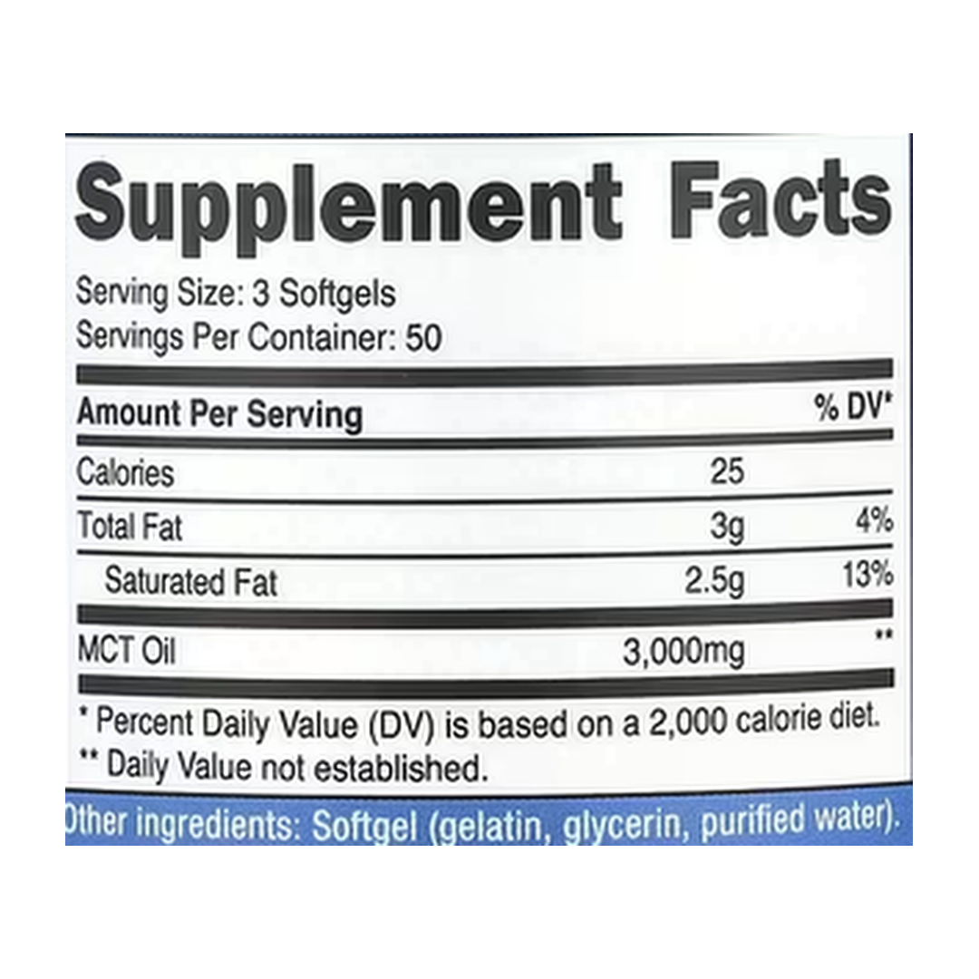 Nutricost, MCT Oil, 150 Softgels supplement facts label showing ingredients, vitamins, minerals, and serving information