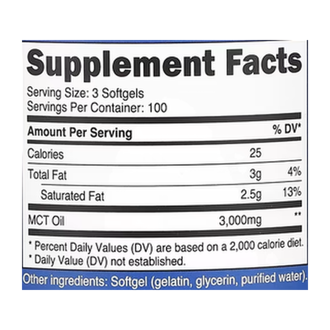 Nutricost, MCT Oil, 300 Softgels supplement facts label showing ingredients, vitamins, minerals, and serving information