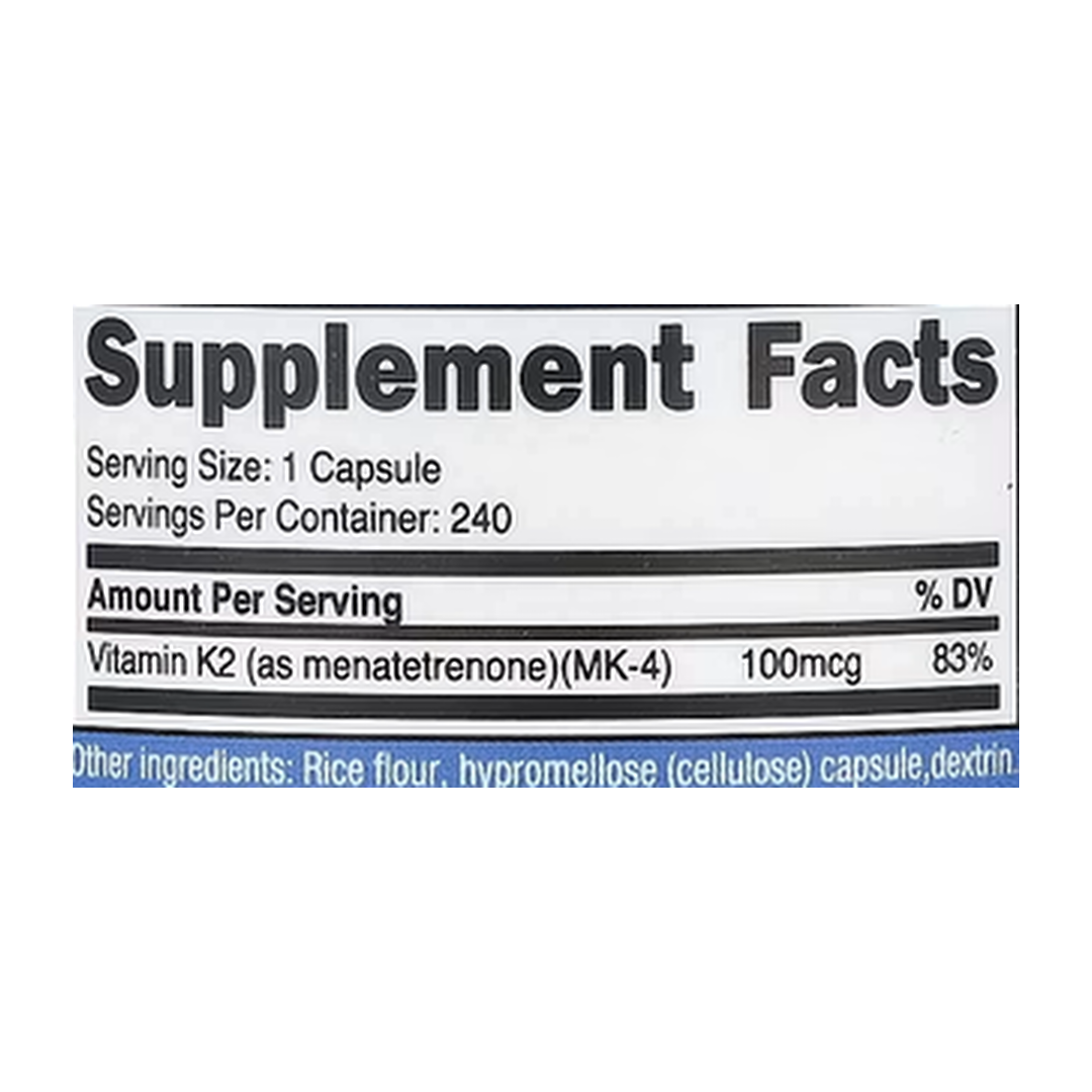 Nutricost, Vitamin K2 MK-4, 100 mcg, 240 Capsules supplement facts label showing ingredients, vitamins, minerals, and serving information