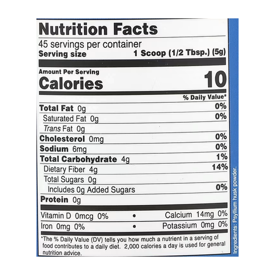 Nutricost, Psyllium Husk, Whole Husk, Unflavored, 8 oz, 227 g supplement facts label showing ingredients, vitamins, minerals, and serving information