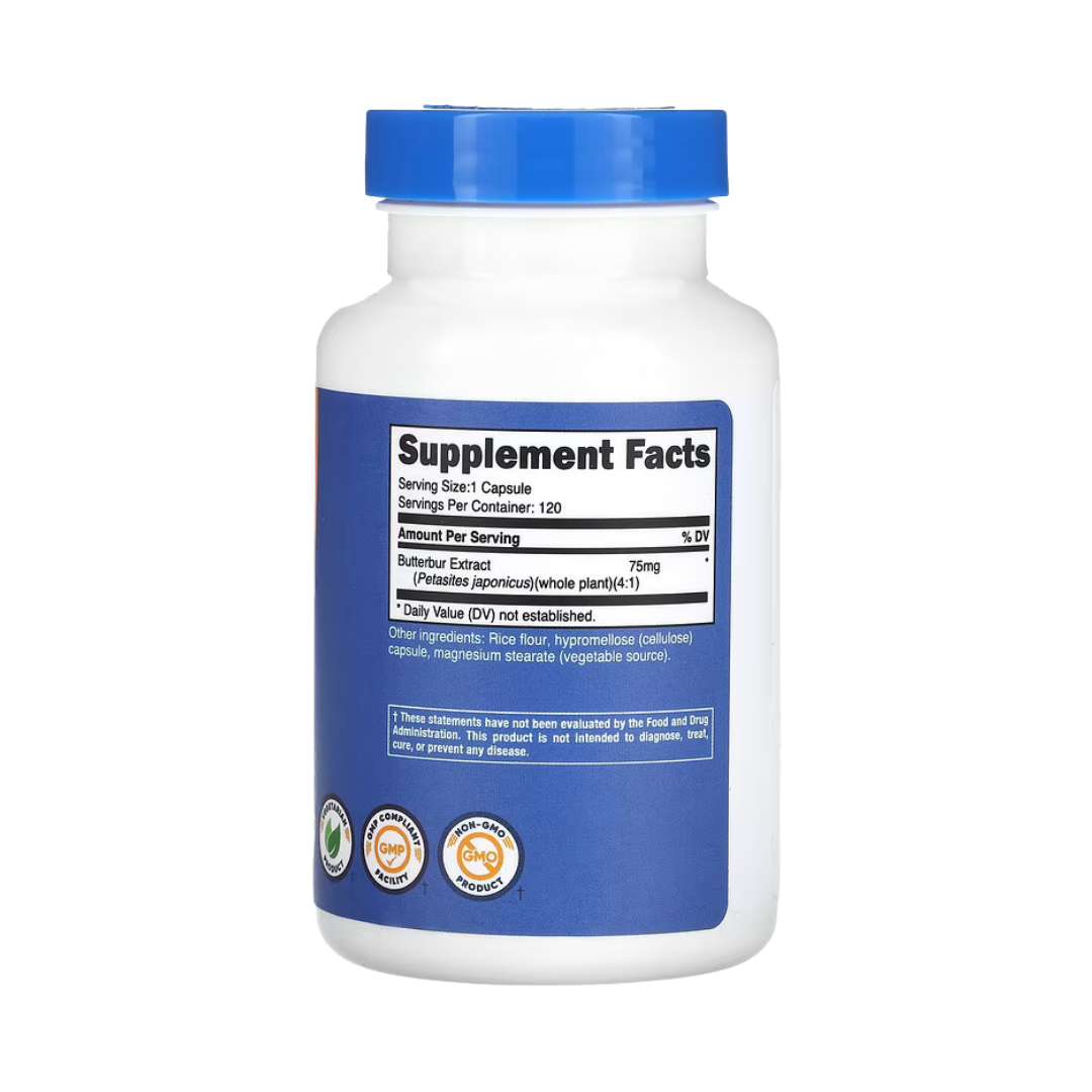 Nutricost, Butterbur Extract, 75 mg, 120 Capsules back packaging view