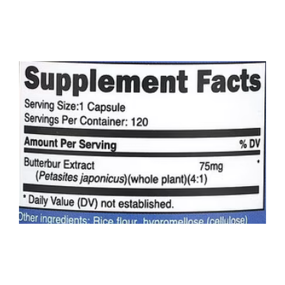 Nutricost, Butterbur Extract, 75 mg, 120 Capsules supplement facts label showing ingredients, vitamins, minerals, and serving information