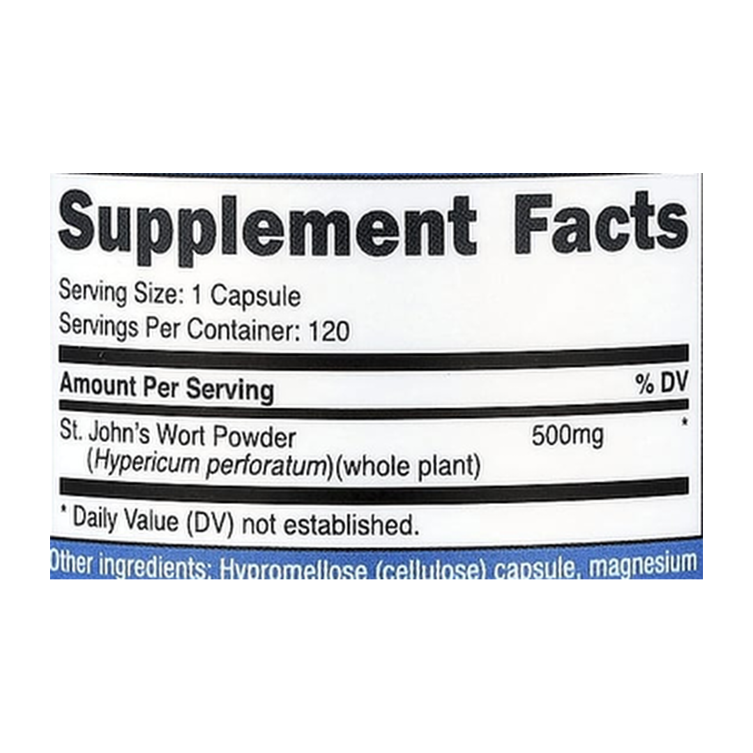 Nutricost, St. John's Wort, 500 mg , 120 Capsules supplement facts label showing ingredients, vitamins, minerals, and serving information