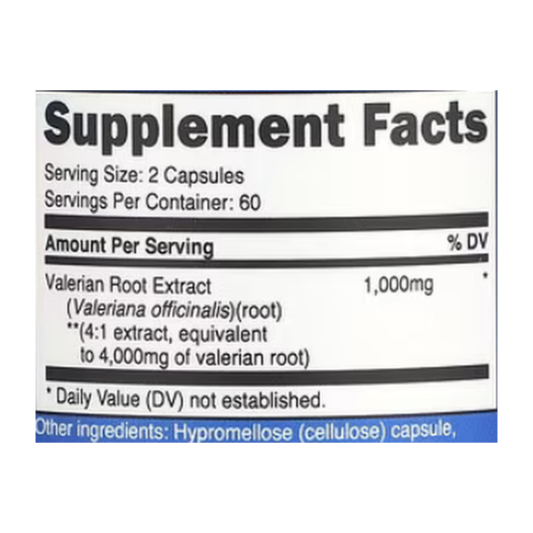 Nutricost, Valerian Root, 120 Capsules supplement facts label showing ingredients, vitamins, minerals, and serving information