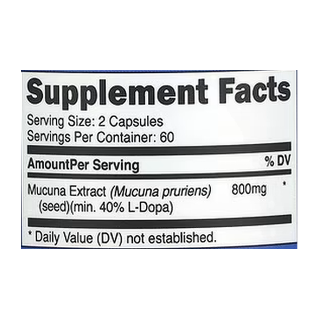 Nutricost, Mucuna Pruriens, 120 Capsules supplement facts label showing ingredients, vitamins, minerals, and serving information