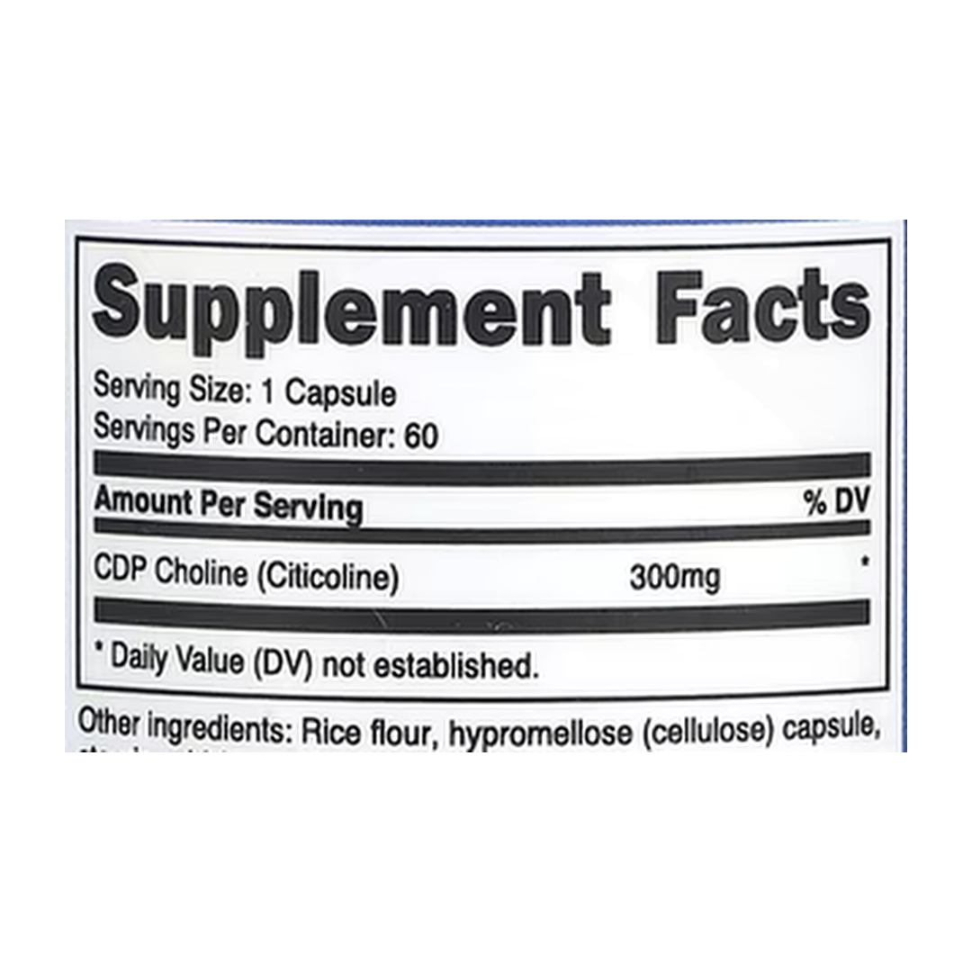 Nutricost, CDP Choline, Citicoline, 300 mg, 60 Capsules supplement facts label showing ingredients, vitamins, minerals, and serving information