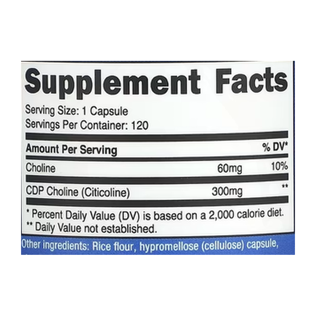 Nutricost, CDP Choline, Citicoline, 300 mg, 120 Capsules supplement facts label showing ingredients, vitamins, minerals, and serving information