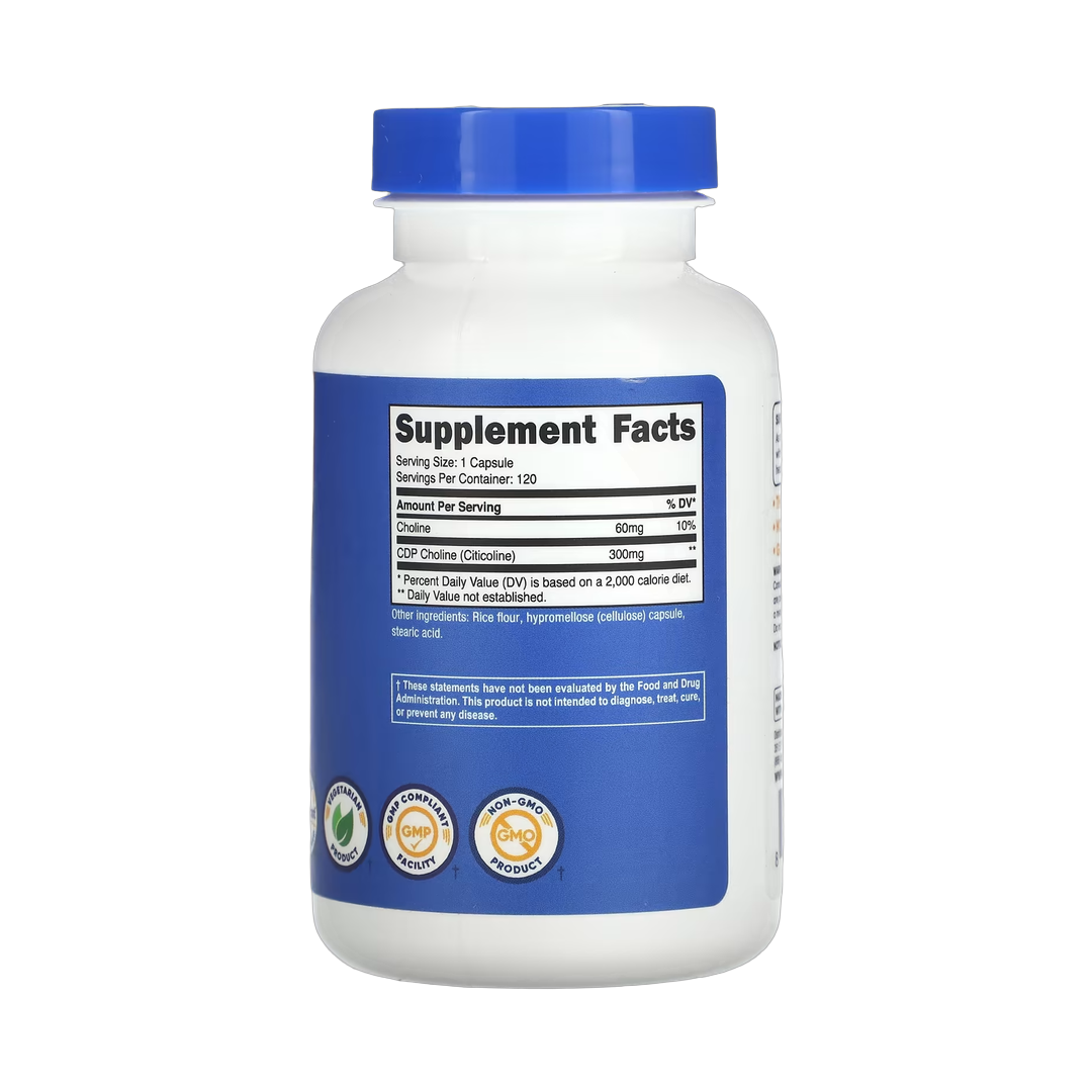 Nutricost, CDP Choline, Citicoline, 300 mg, 120 Capsules back packaging view