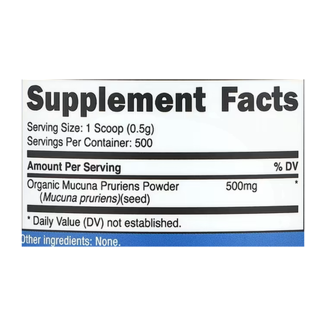 Nutricost, 100% Organic Mucuna Pruriens, Unflavored, 8.8 oz, 250 g supplement facts label showing ingredients, vitamins, minerals, and serving information