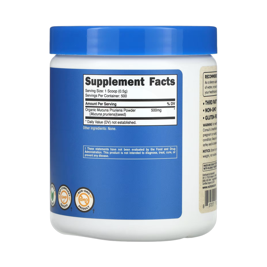 Nutricost, 100% Organic Mucuna Pruriens, Unflavored, 8.8 oz, 250 g back packaging view
