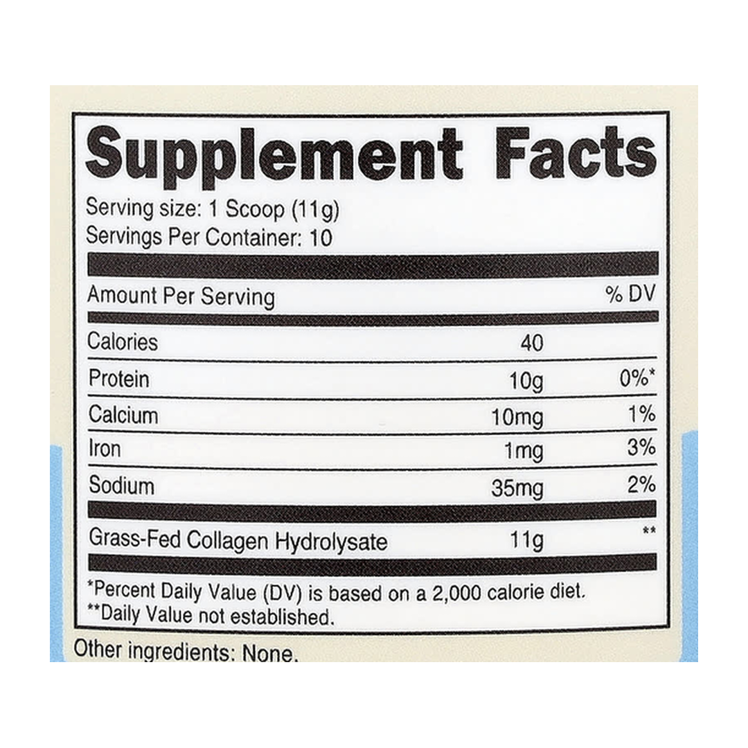 Nutricost, Grass-Fed Collagen Peptides, Unflavored, 4 oz, 113 g supplement facts label showing ingredients, vitamins, minerals, and serving information