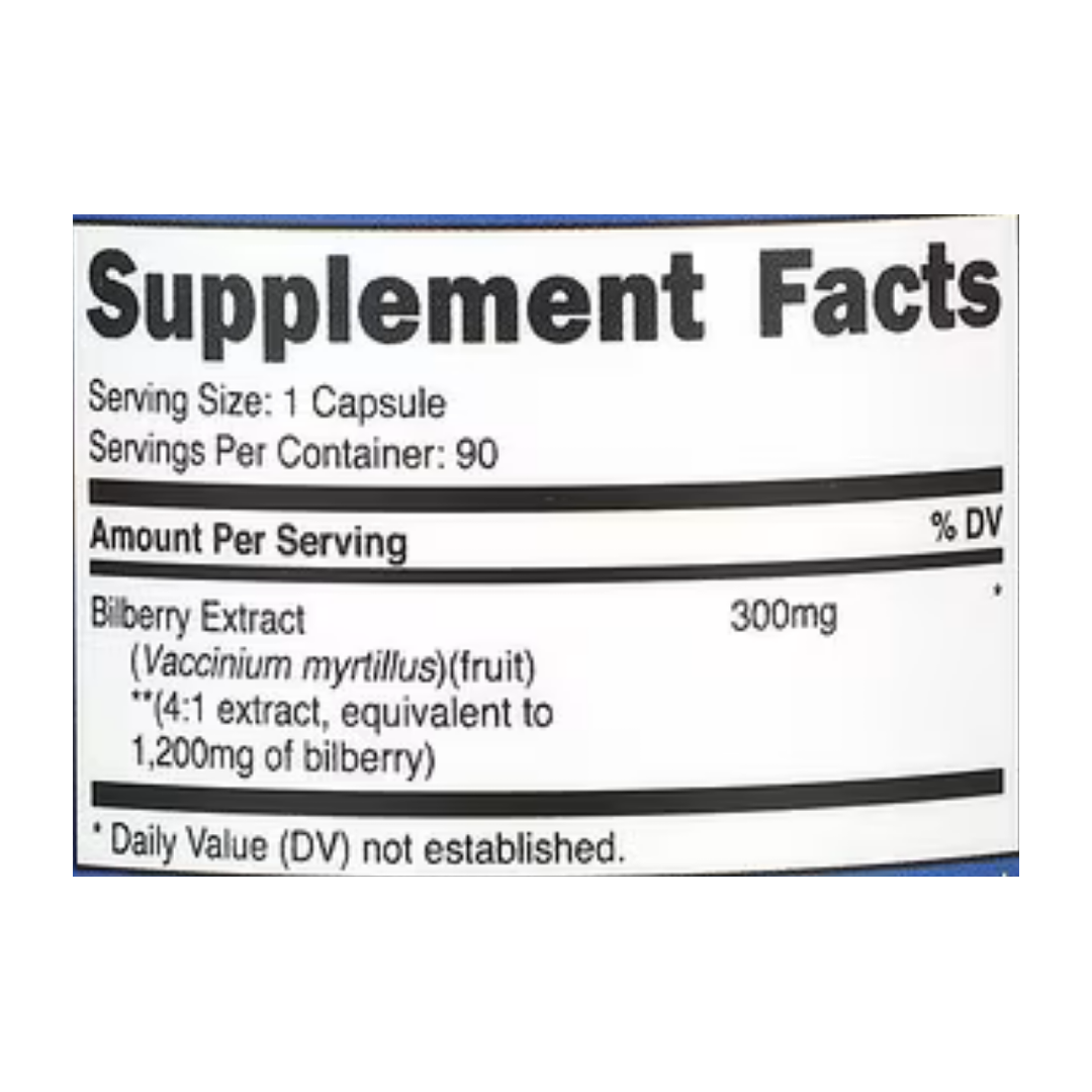 Nutricost, Bilberry, 1,200 mg, 90 Capsules supplement facts label showing ingredients, vitamins, minerals, and serving information
