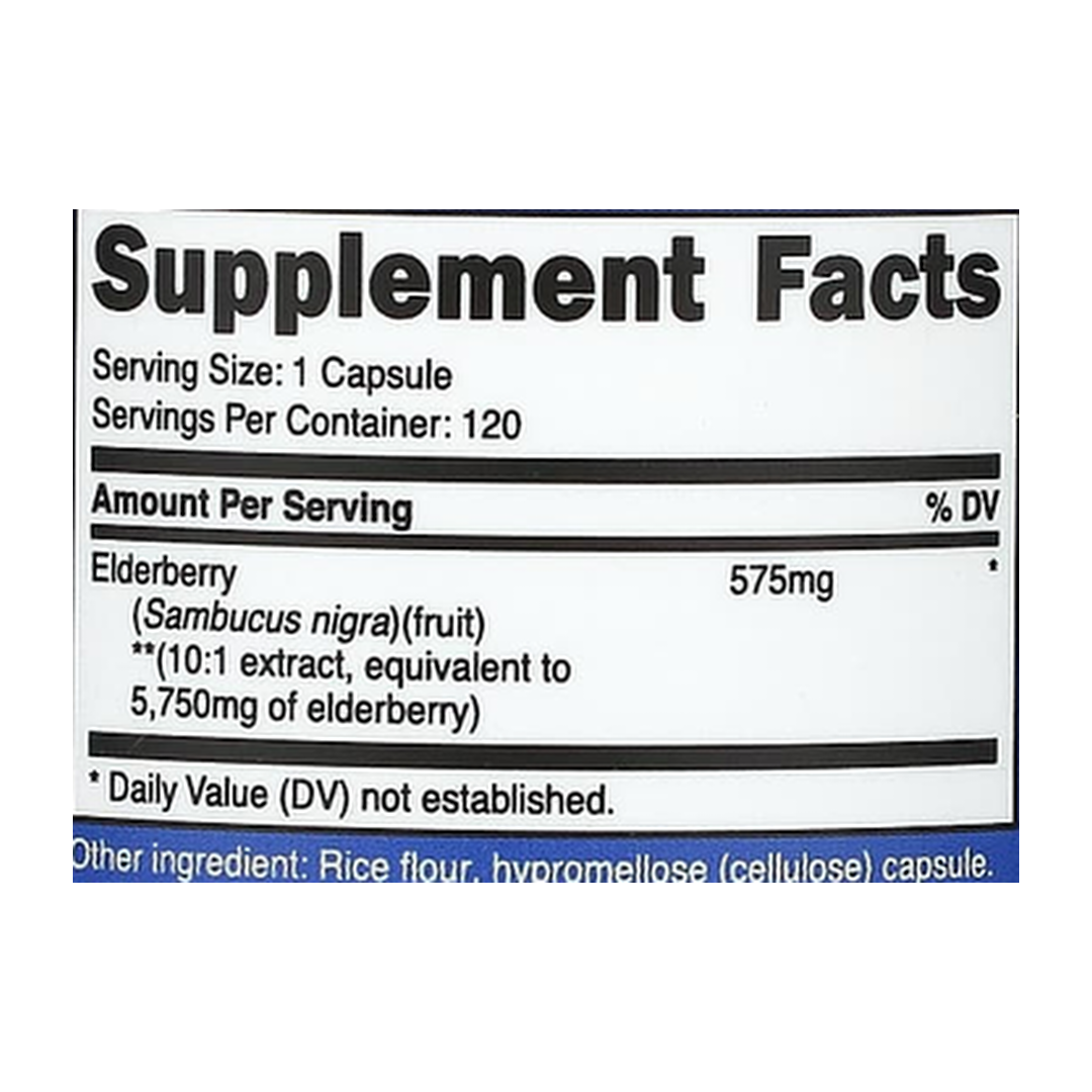 Nutricost, Black Elderberry, 5,750 mg, 120 Capsules supplement facts label showing ingredients, vitamins, minerals, and serving information