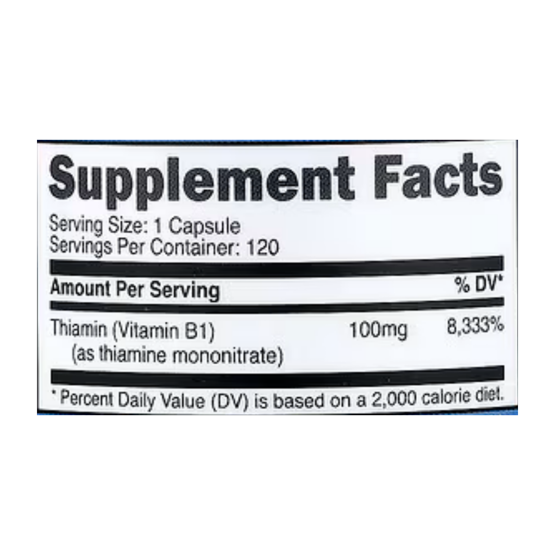 Nutricost, Vitamin B1, 100 mg, 120 Capsules supplement facts label showing ingredients, vitamins, minerals, and serving information