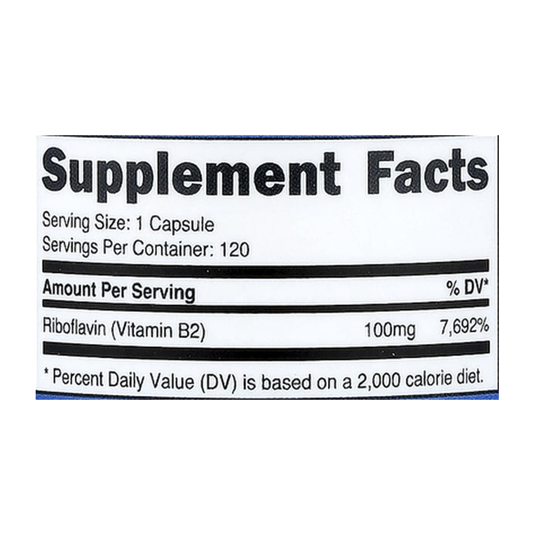 Nutricost, Vitamin B2, 100 mg, 120 Capsules supplement facts label showing ingredients, vitamins, minerals, and serving information