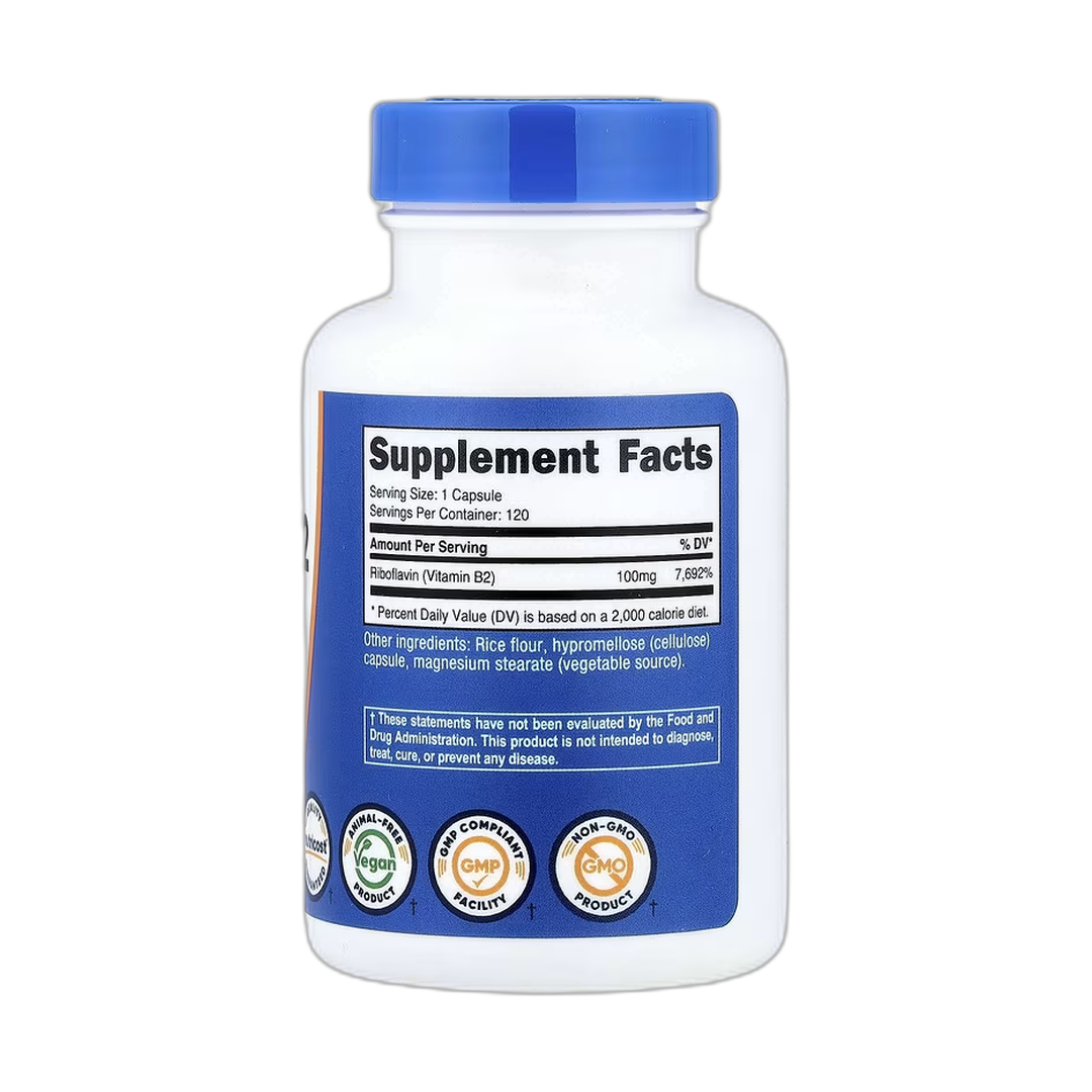 Nutricost, Vitamin B2, 100 mg, 120 Capsules back packaging view