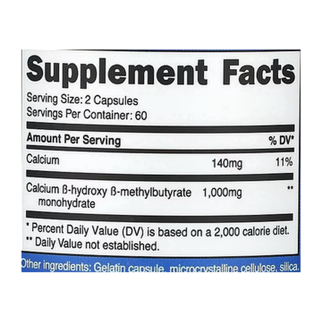 Nutricost, Performance, HMB, 120 Capsules supplement facts label showing ingredients, vitamins, minerals, and serving information