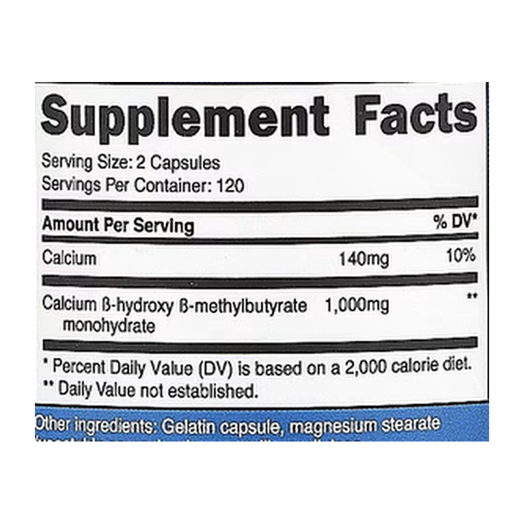 Nutricost, HMB, B-Hydroxy-B-methylbutyrate, 240 Capsules supplement facts label showing ingredients, vitamins, minerals, and serving information