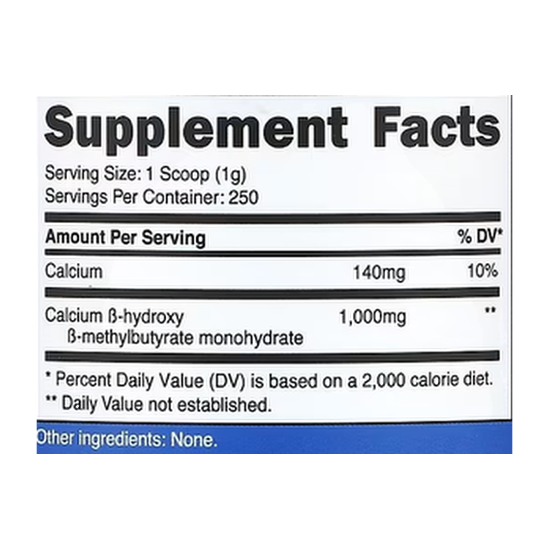 Nutricost, Performance, HMB, Unflavored, 8.9 oz, 250 g supplement facts label showing ingredients, vitamins, minerals, and serving information