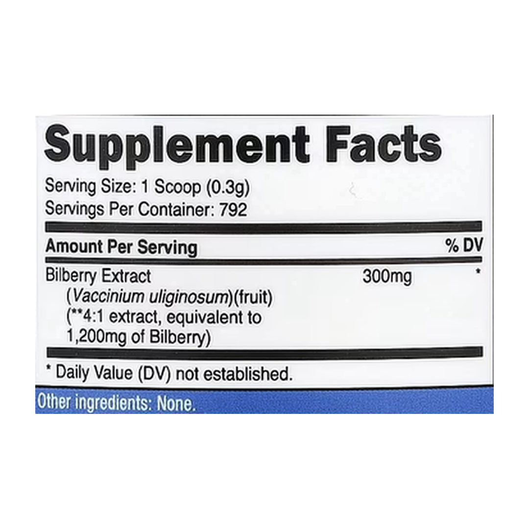 Nutricost, Bilberry Powder, Unflavored, 8.9 oz, 250 g supplement facts label showing ingredients, vitamins, minerals, and serving information