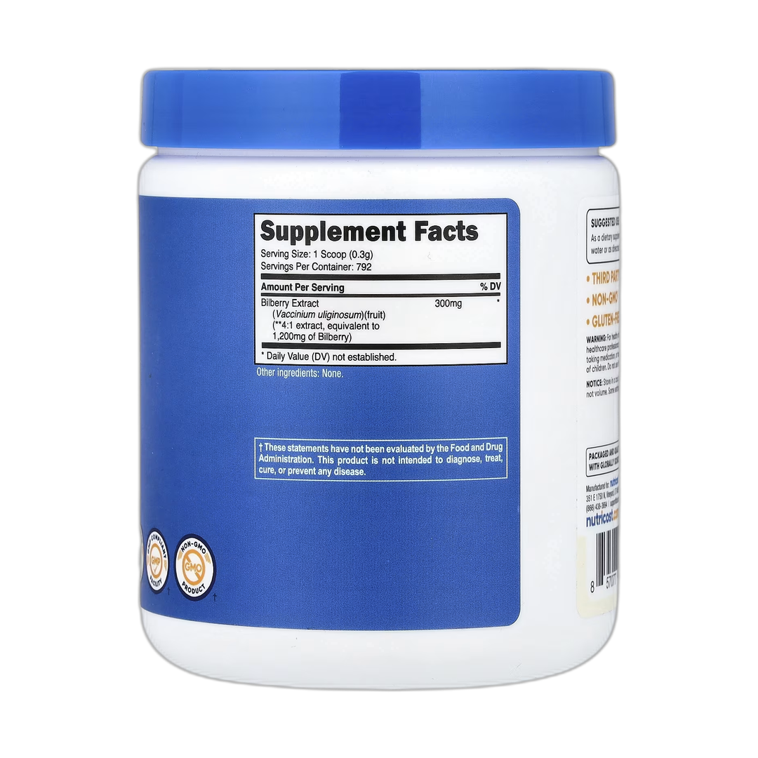 Nutricost, Bilberry Powder, Unflavored, 8.9 oz, 250 g back packaging view