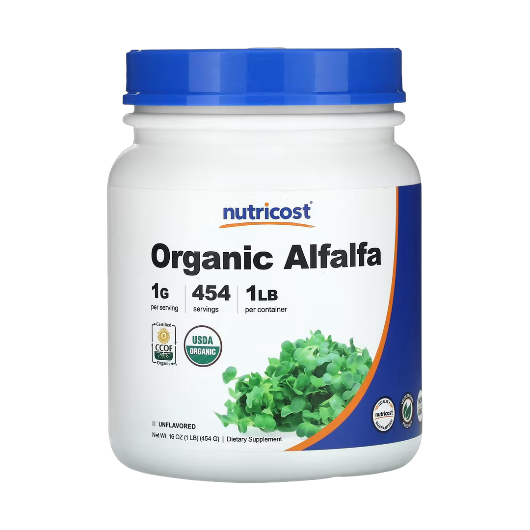 Nutricost, Organic Alfalfa Powder, Unflavored, 16 oz, 454 g front packaging view