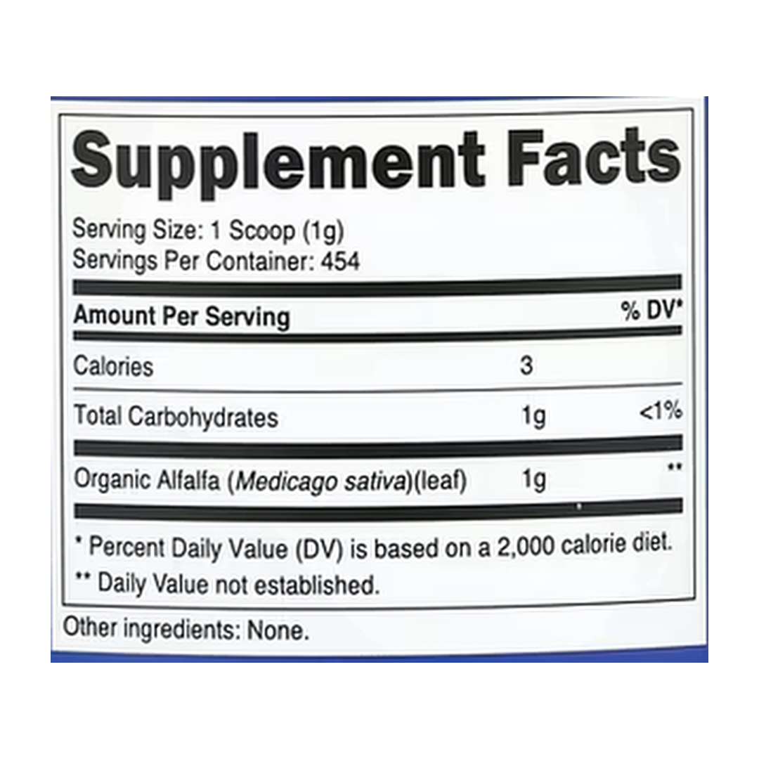 Nutricost, Organic Alfalfa Powder, Unflavored, 16 oz, 454 g supplement facts label showing ingredients, vitamins, minerals, and serving information