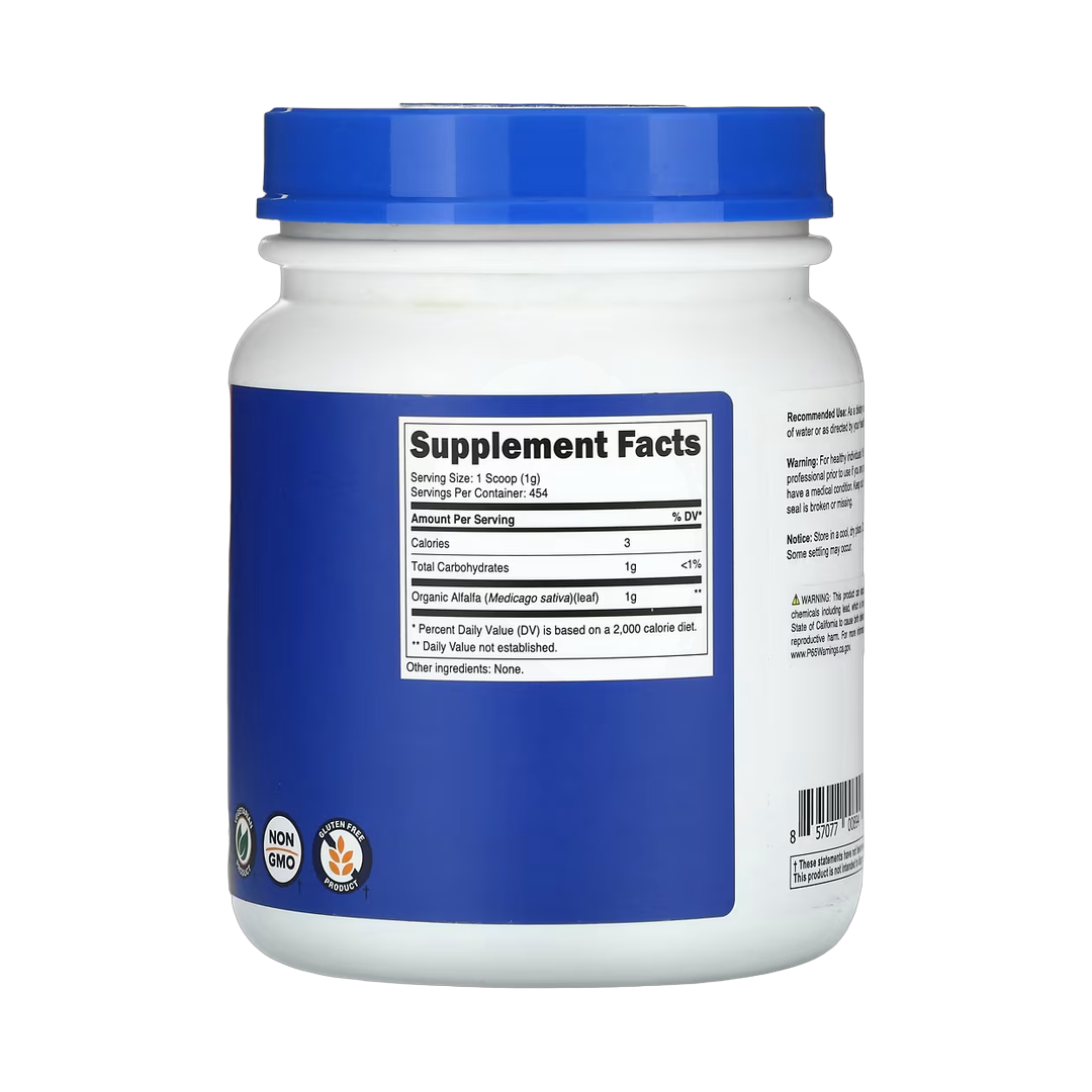 Nutricost, Organic Alfalfa Powder, Unflavored, 16 oz, 454 g back packaging view