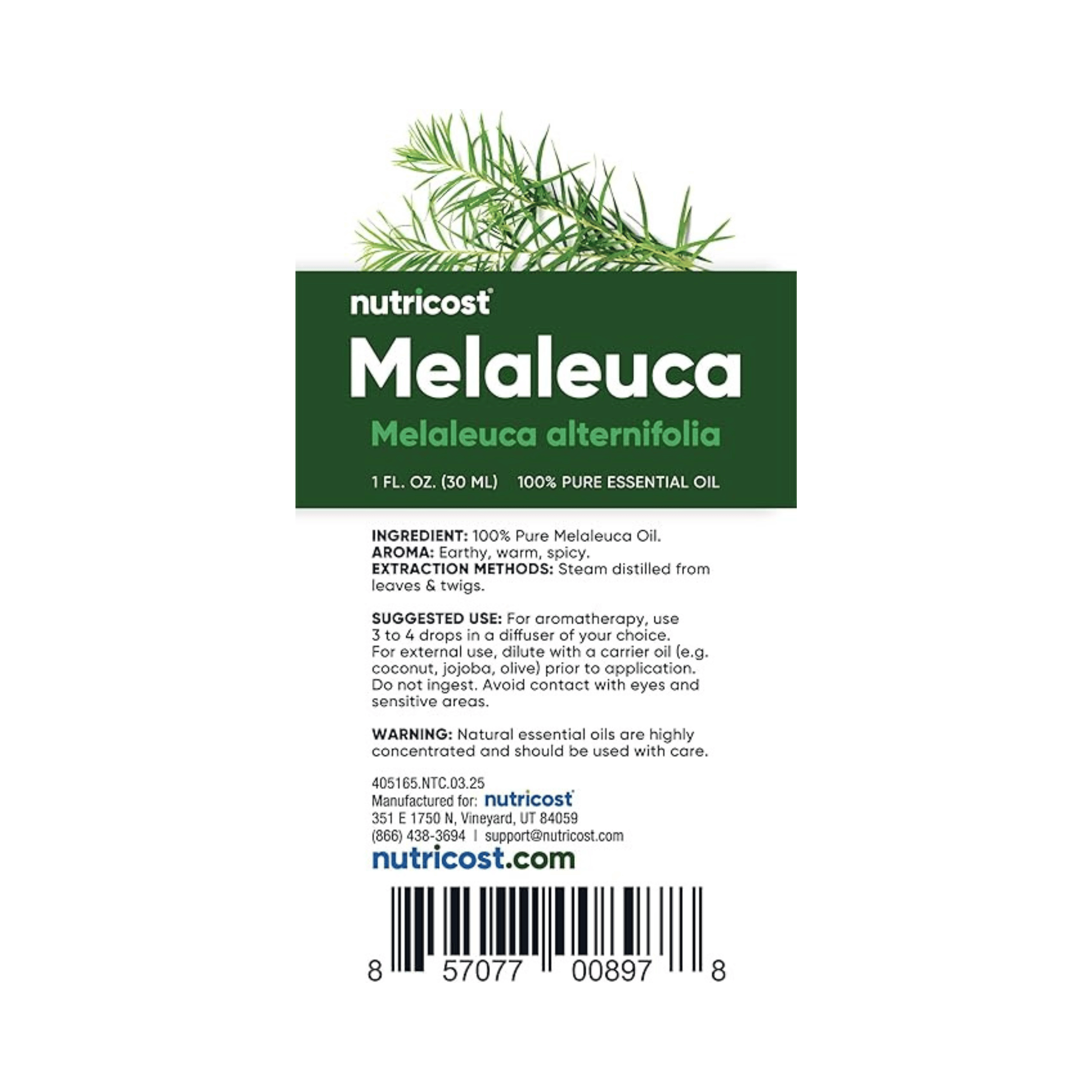 Nutricost, 100% Pure Essential Oil, Melaeuca Alternifolia, 1 fl oz, 30 ml supplement facts label showing ingredients, vitamins, minerals, and serving information