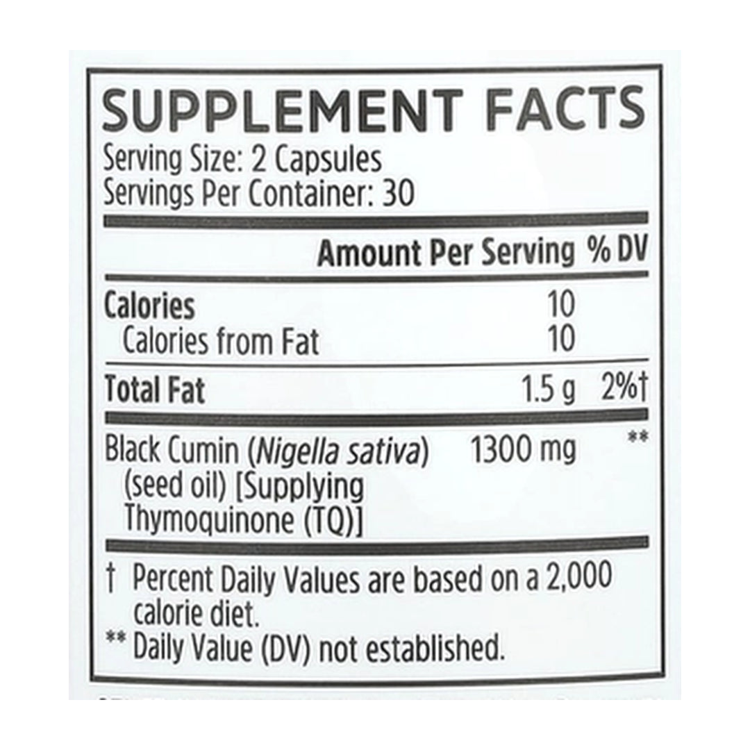 Zhou Nutrition, Black Seed Oil, 60 Veggie Capsules supplement facts label showing ingredients, vitamins, minerals, and serving information