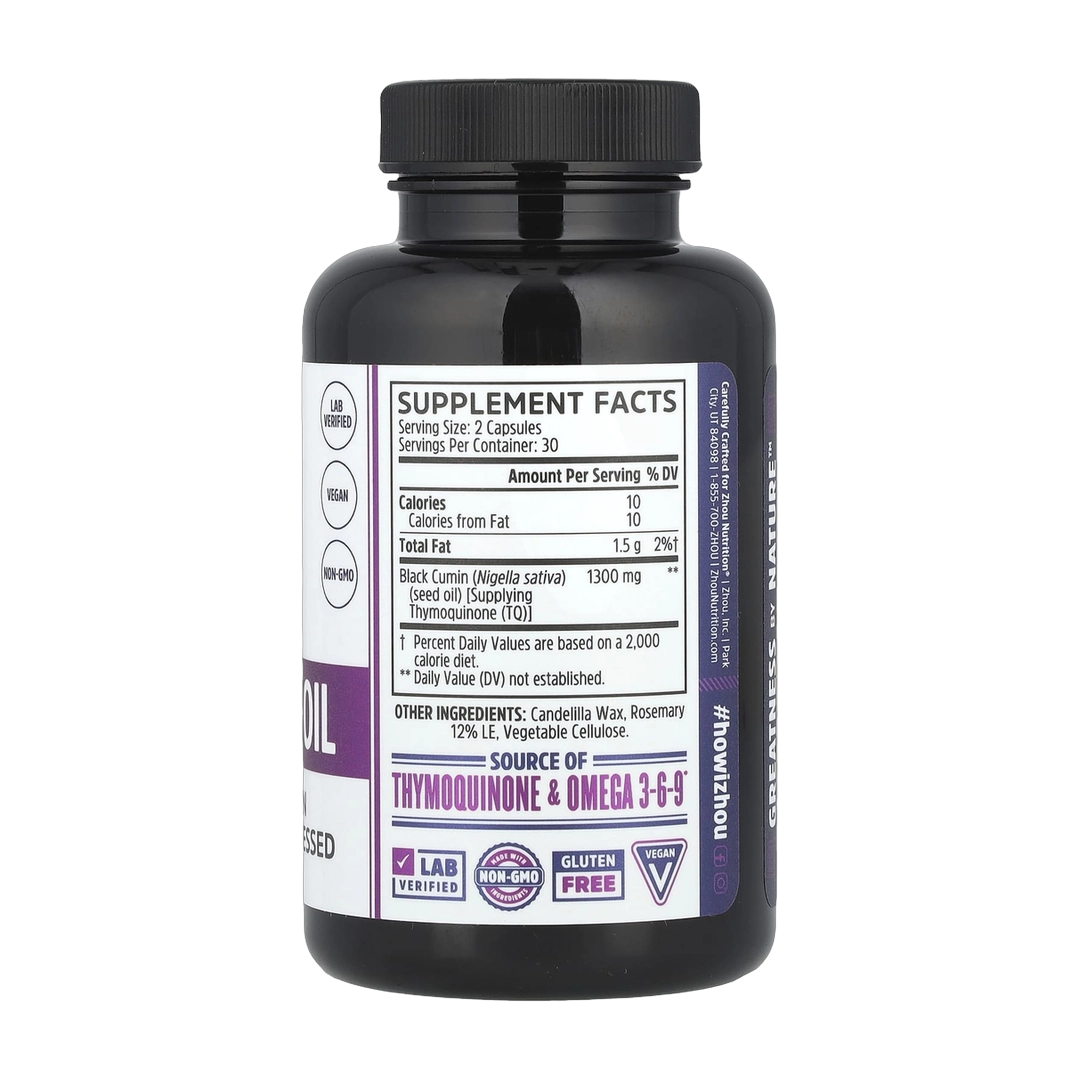 Zhou Nutrition, Black Seed Oil, 60 Veggie Capsules back packaging view