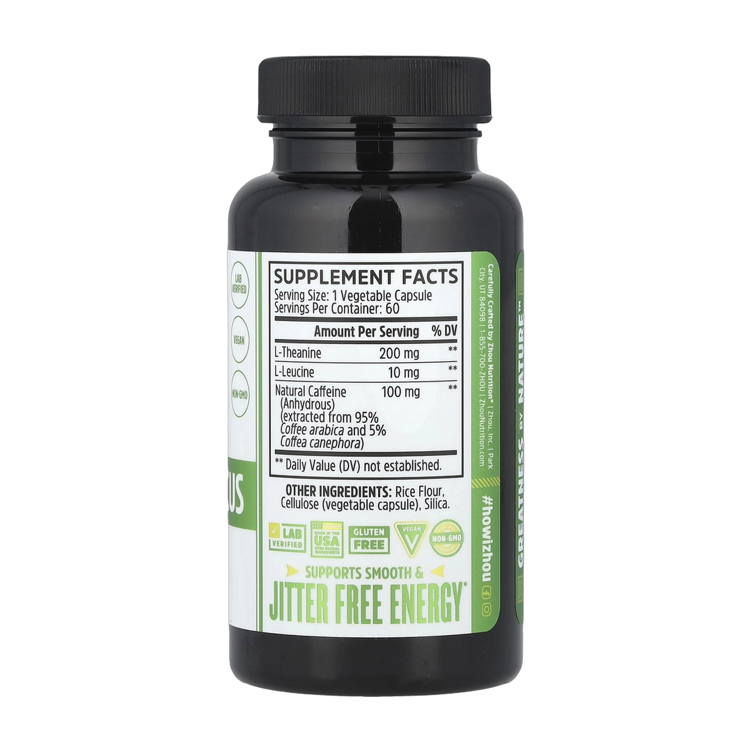 Zhou Nutrition, Energy + Focus, 60 Veggie Capsules back packaging view
