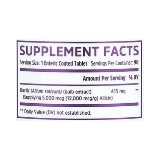 Zhou Nutrition, Garlic, 415 mg, 90 Coated Tablets supplement facts label showing ingredients, vitamins, minerals, and serving information