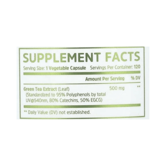 Zhou Nutrition, Green Tea Extract, 500 mg, 120 Veggie Capsules supplement facts label showing ingredients, vitamins, minerals, and serving information