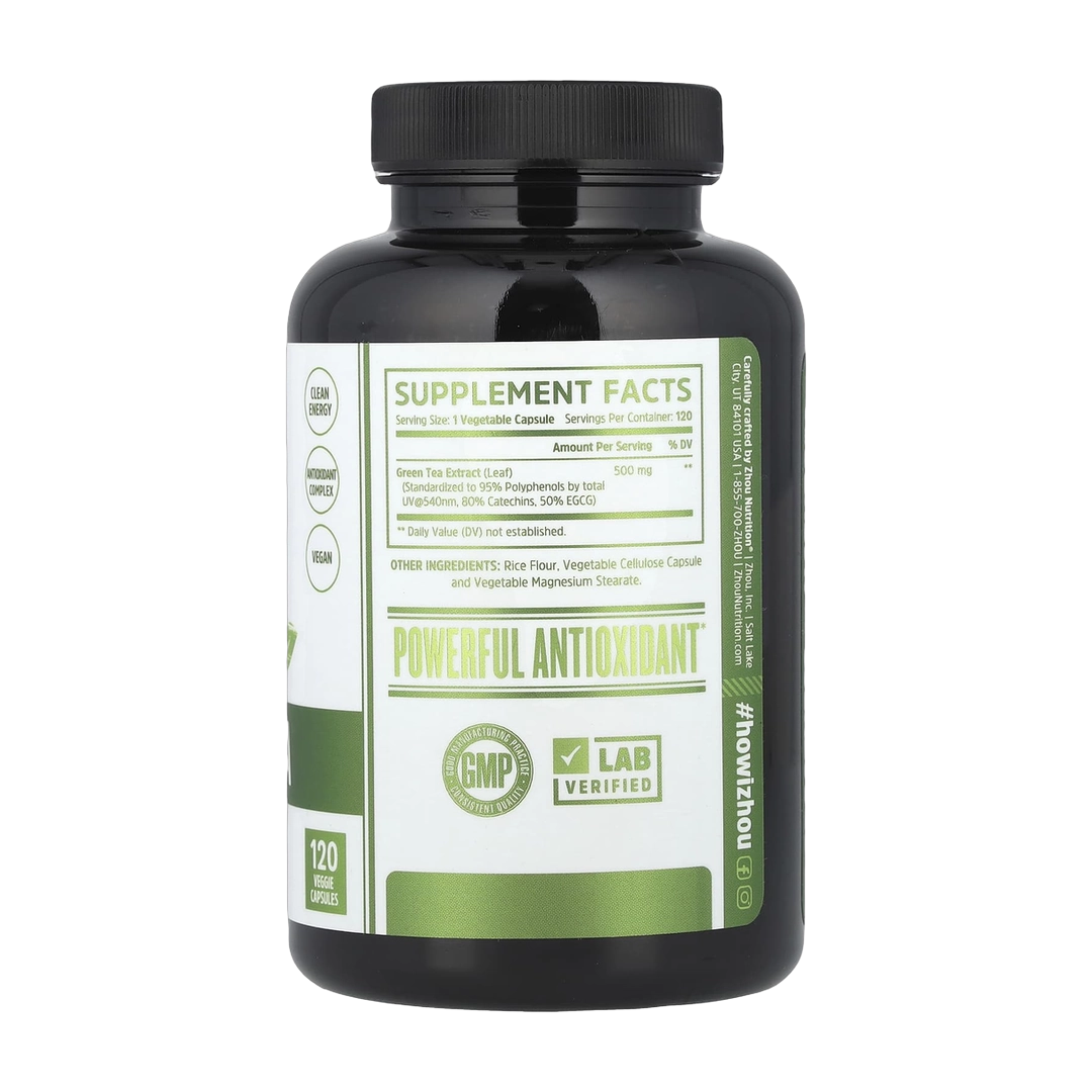 Zhou Nutrition, Green Tea Extract, 500 mg, 120 Veggie Capsules back packaging view